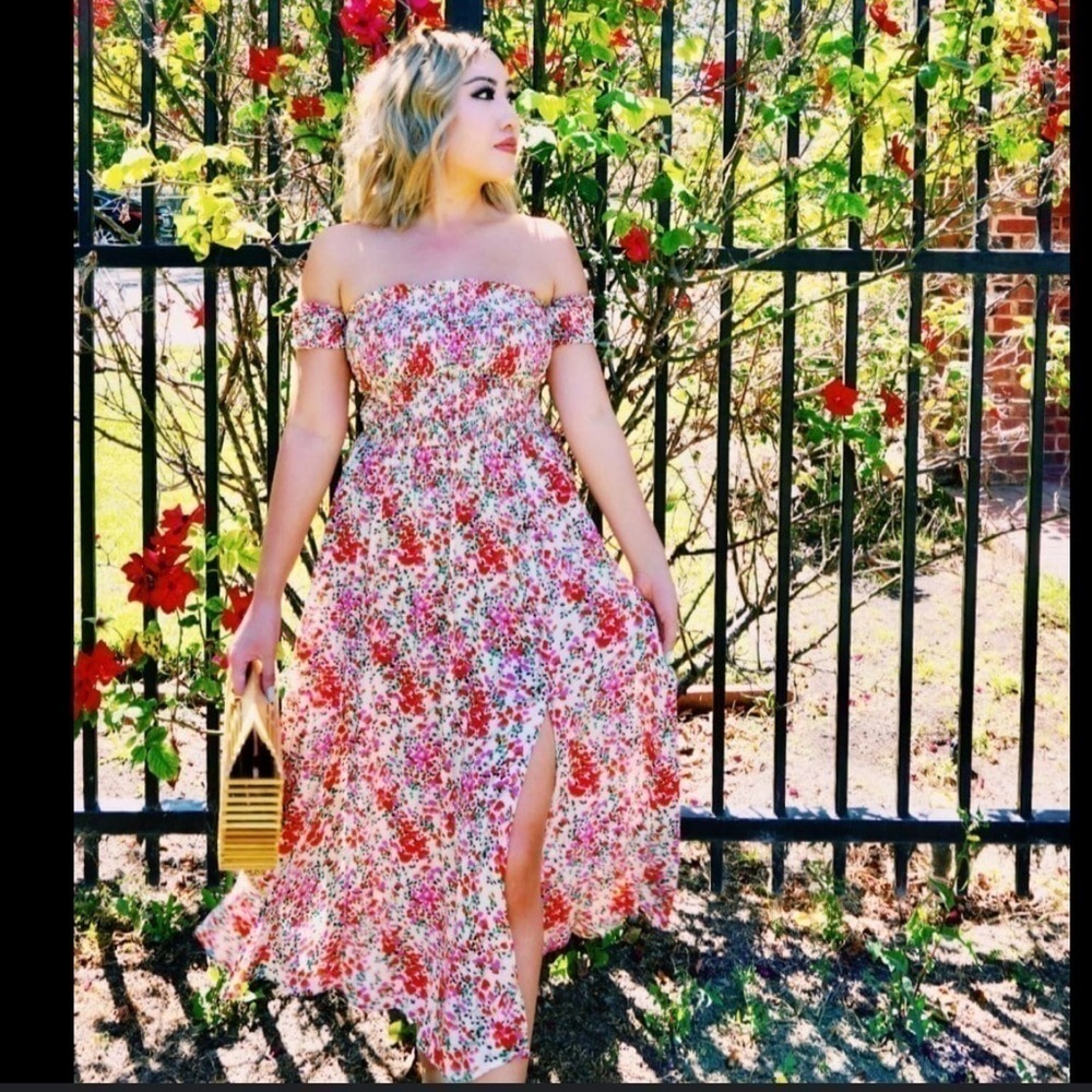 Lulus View from the Meadow Cream Floral Print Off-the-Shoulder Dress
